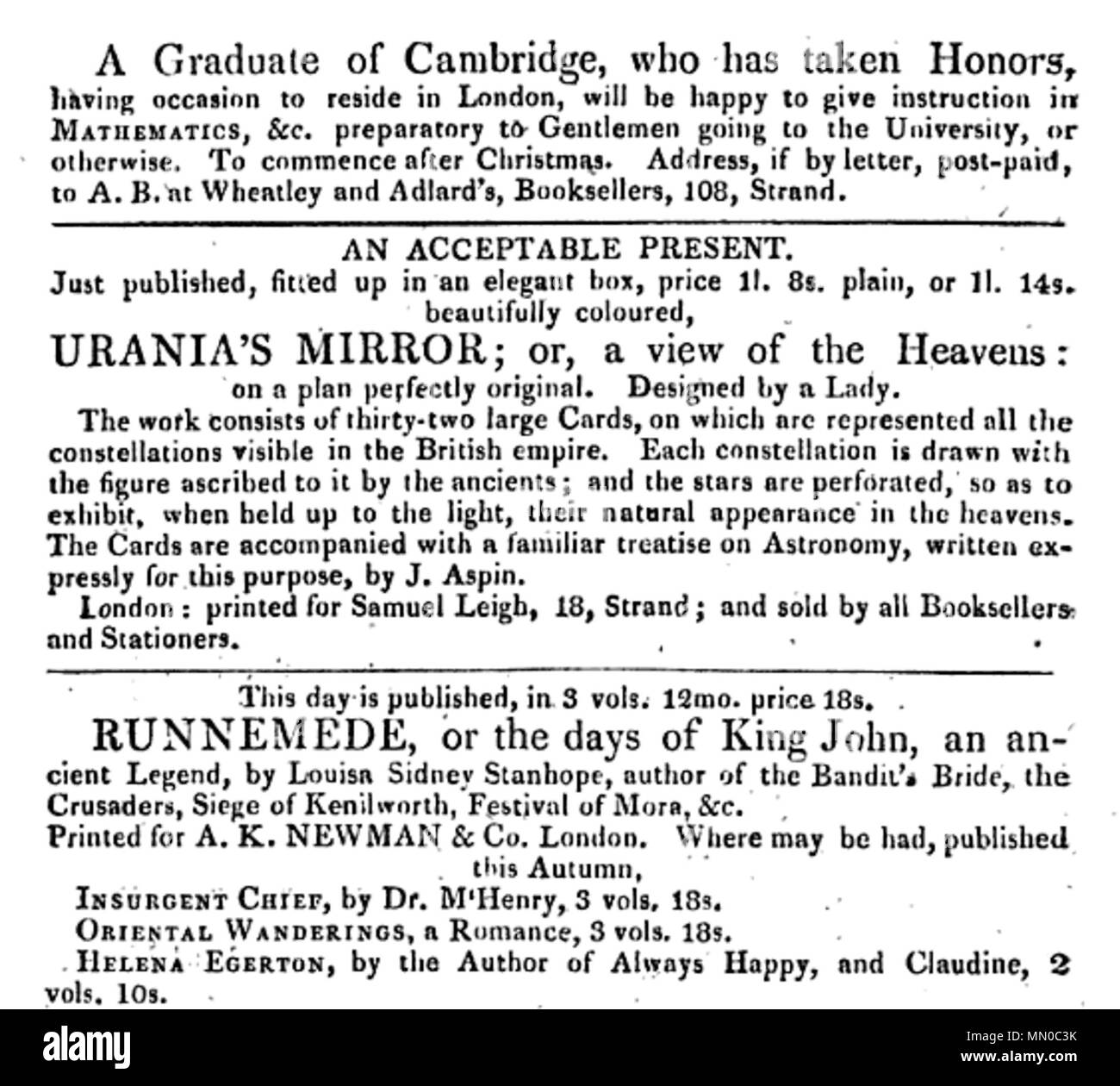 . An advertisement for Urania's Mirror, shown in context Advertisement