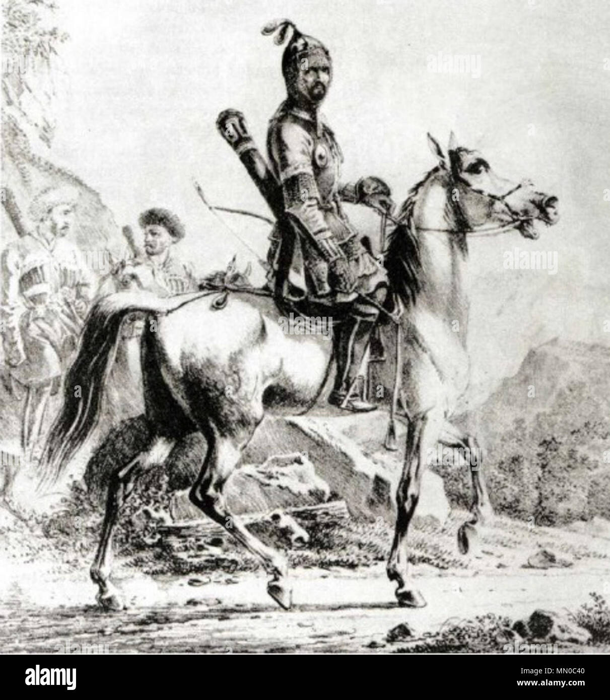 . English: Old picture from CIRCASSIA in 1830 'The Circassian knight' , the artist supposed to be dead from more than 145 years, and was published again on a Russian Book for Э .Г. Аствацатурян , titled 'Оружие Народрв Кавказа', in 2004  . 1 January 1830. ShapsougSochi1864 Adyghe knight Stock Photo