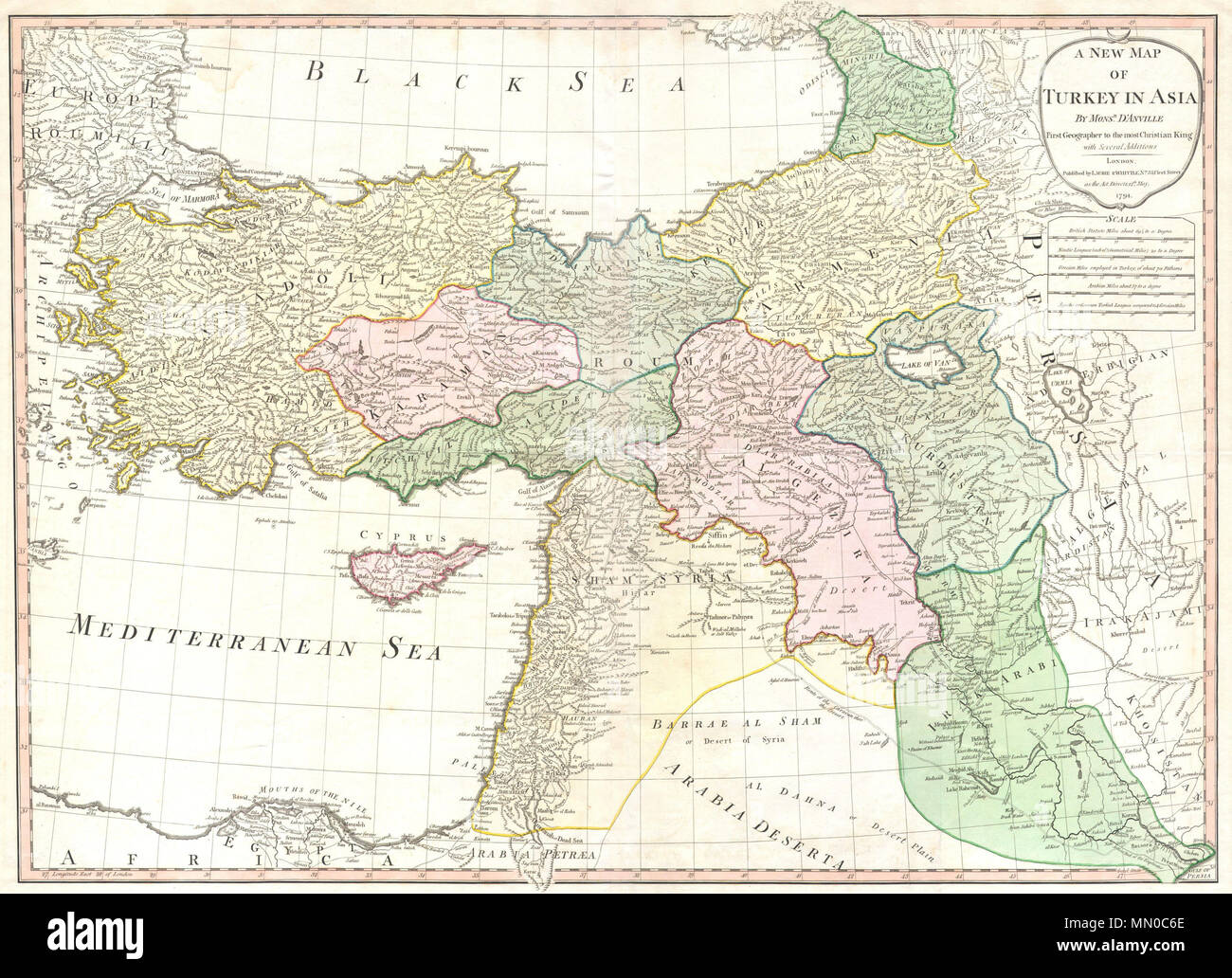 .  English: This is a stunning large format map of Turkey in Asia by the French cartographer and geographer J. B. d’Anville. Depicts the whole of Turkey as well as the modern day Holy Land (Israel / Palestine), Syria, Lebanon, Jordan, Iraq, Kurdistan, Armenia and Georgia. Inland details are prolifically notated and include such curiosities as ancient ruins, abandoned castles, caravan routes, and oases. Published by Laurie and Whittle of Fleet St. London for the 1794 English Edition of d’Anville’s atlas. Text in English.  A New Map of Turkey in Asia.. 1794. 1794 d'Anville Map of Turkey, Iraq an Stock Photo