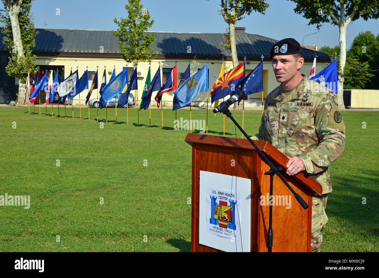 U. S. Army Lt. Col. Brian J. Bender, Outgoing Commander U.S. Army Health Clinic Vicenza, speaks during the Change of Command Ceremony at Caserma C. Ederle in Vicenza, Italy, August 1, 2017. (U.S. Army Photo by Visual Information Specialist Paolo Bovo/Released) Stock Photo