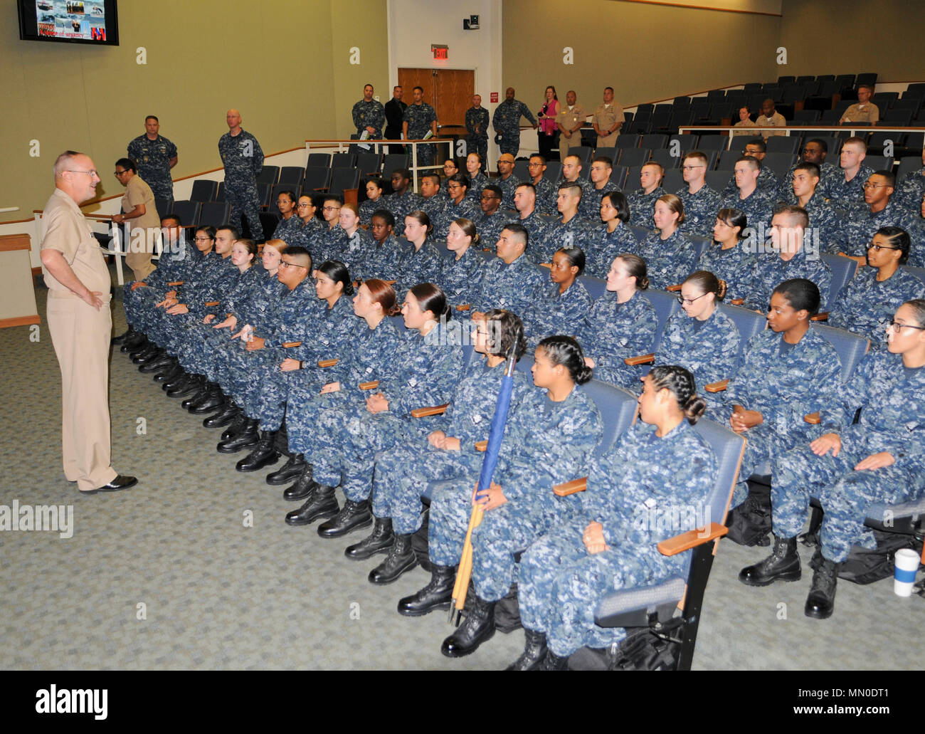 SAN ANTONIO (Aug. 2, 2017) Vice Adm. Forrest Faison, Navy surgeon general  and chief, U.S. Bureau of Medicine and Surgery, speaks to students in the  newly revised HM “A” School course at