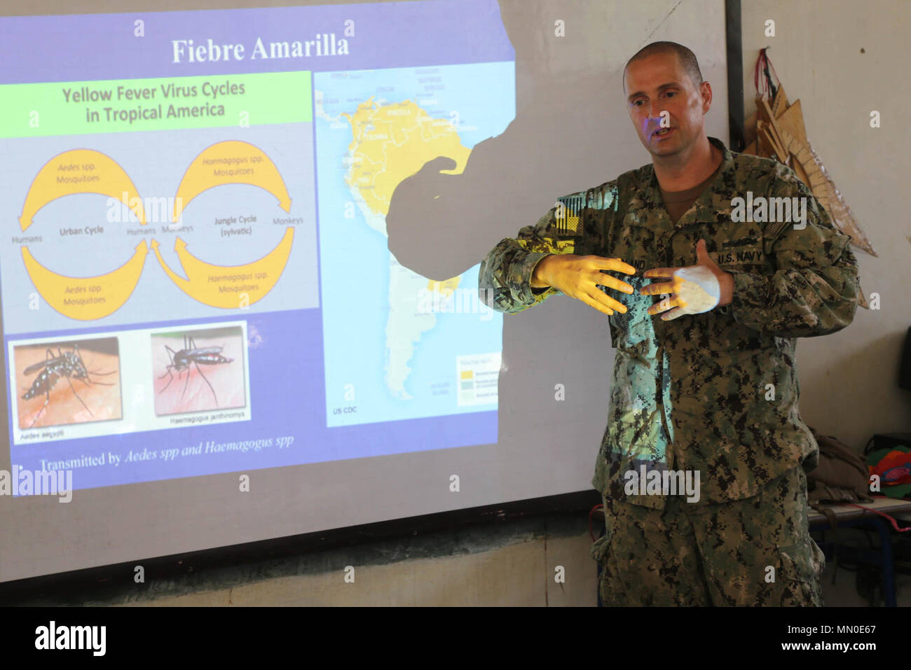 170802-A-QE286-0096 SANTA ROSA DE AGUAN, Honduras (August 2, 2017) Lt. Cmdr. Ian Sutherland, technical director for the Navy Entomology Center of Excellence, gives a presentation on yellow fever at a medical school in Santa Rosa de Aguan, during Southern Partnership Station 17. SPS-EPF 17 is a U.S. Navy deployment, executed by U.S. Naval Forces Southern Command/U.S. 4th Fleet, focused on subject matter expert exchanges with partner nation militaries and security forces in Central and South America. (U.S. Army photo by SPC Judge Jones/Released) Stock Photo