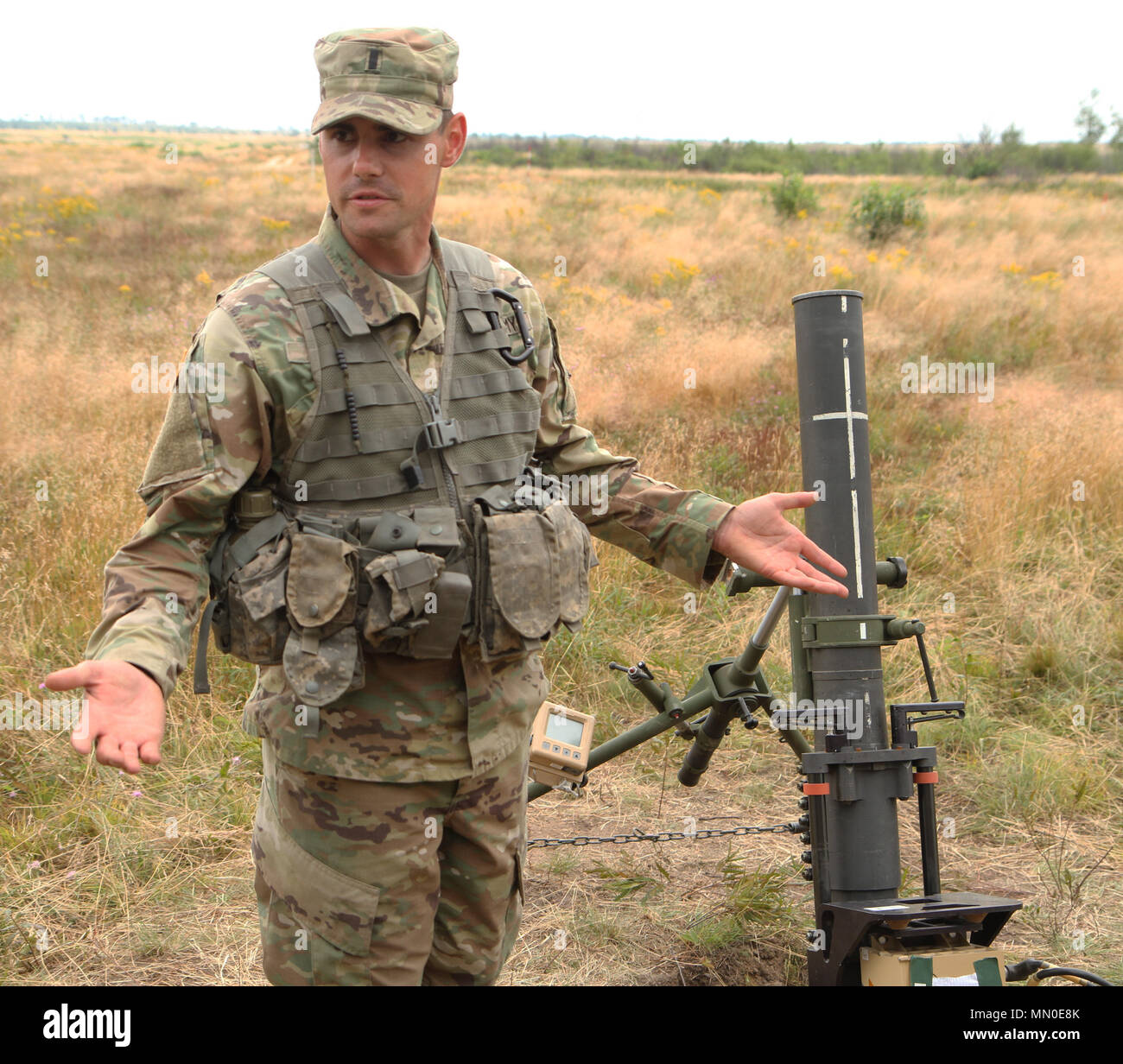 Arizona National Guard First Lieutenant Grant Buben explains how a 120  millileter mortar operates as part of Operation Northern Strike 17 in  Grayling, Michigan August 3, 2017. Northern Strike 17 is a