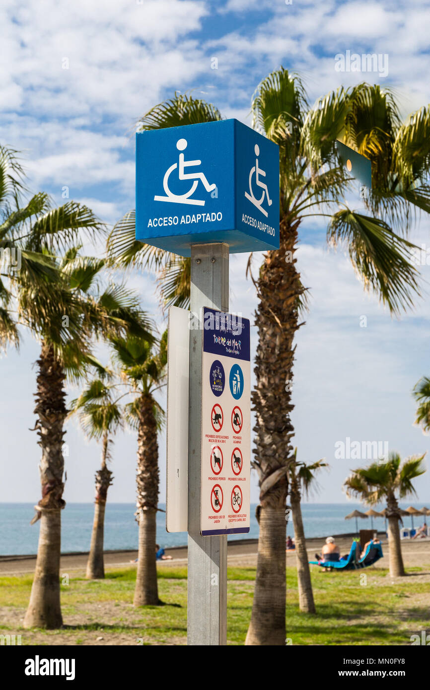 Disable access to beach sign and beach restriction sign. Promenade Torre del mar Stock Photo
