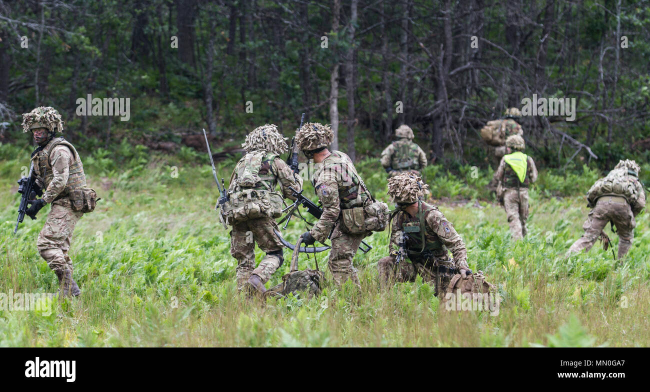 British Infantrymen with 3rd Battalion, Princess of Wales’s Royal Regiment, 7th Brigade based in Kent, United Kingdom head toward the woodline during a Northern Strike 17 live fire exercise after being airlifted onto a range at the Camp Grayling Joint Maneuver Training Center Aug. 4, 2017. The newly accredited NS 17 demonstrates the Michigan National Guard’s ability to provide accessible, readiness-building opportunities for military units from all service branches to achieve and sustain proficiency in conducting mission command, air, sea, and ground maneuver integration, together with synchro Stock Photo