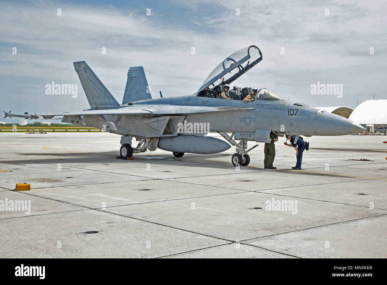 170801-N-SX614-021 KEY WEST, Fa. (Aug. 1, 2017) Lt. Drew Kocher and Lt.  Cmdr. Brad Williams, both assigned to the "Fighting Swordsman" ofStrike  Fighter Squadron (VFA) 32, landed on Naval Air Station Key