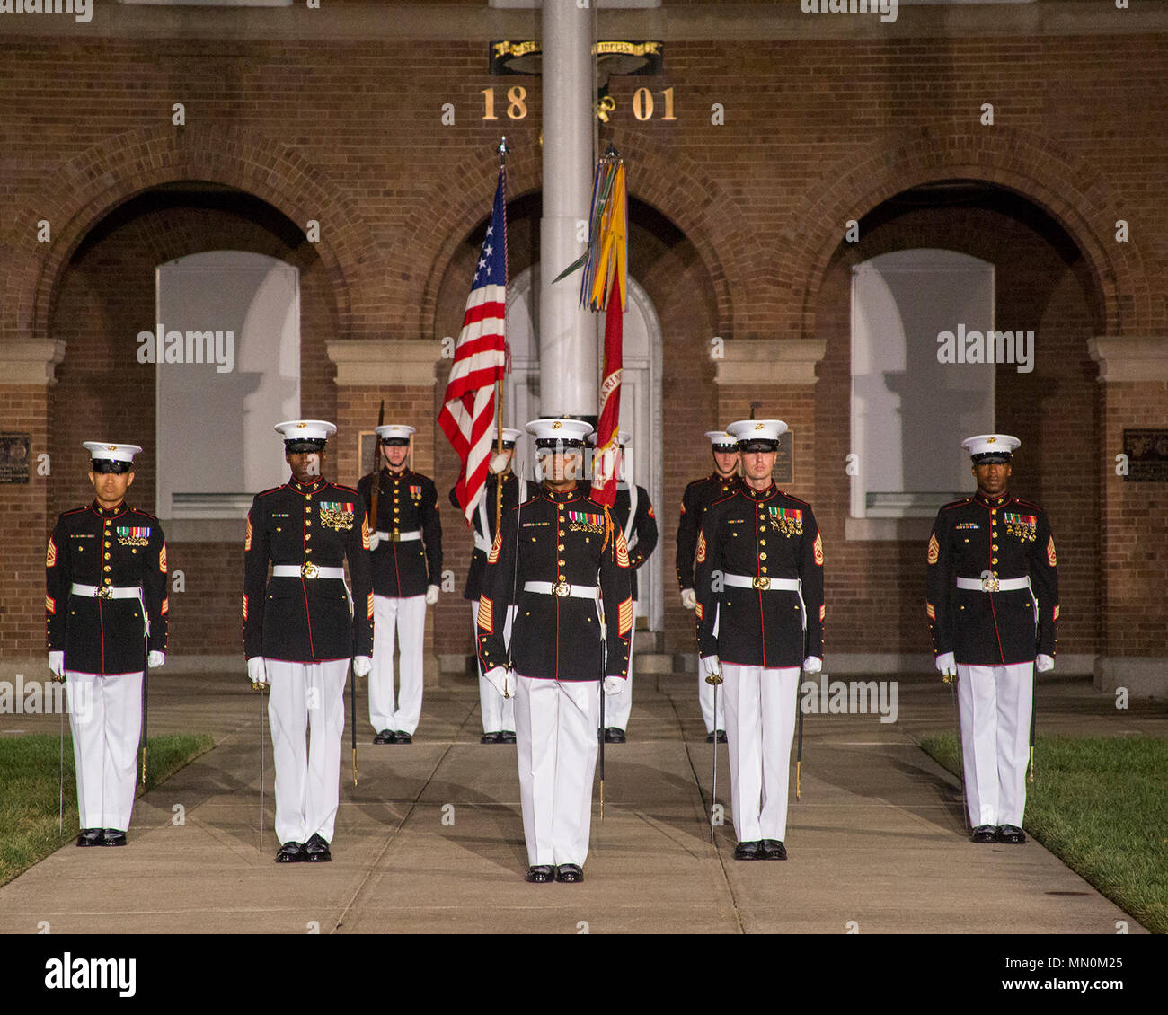 Staff Noncommissioned Officer Evening Parade is a ceremonial event  conducted by the United States Marine Corps at Marine Barracks Washington,  D.C. On Aug. 4, 2017, Marines prepared to march in pass and