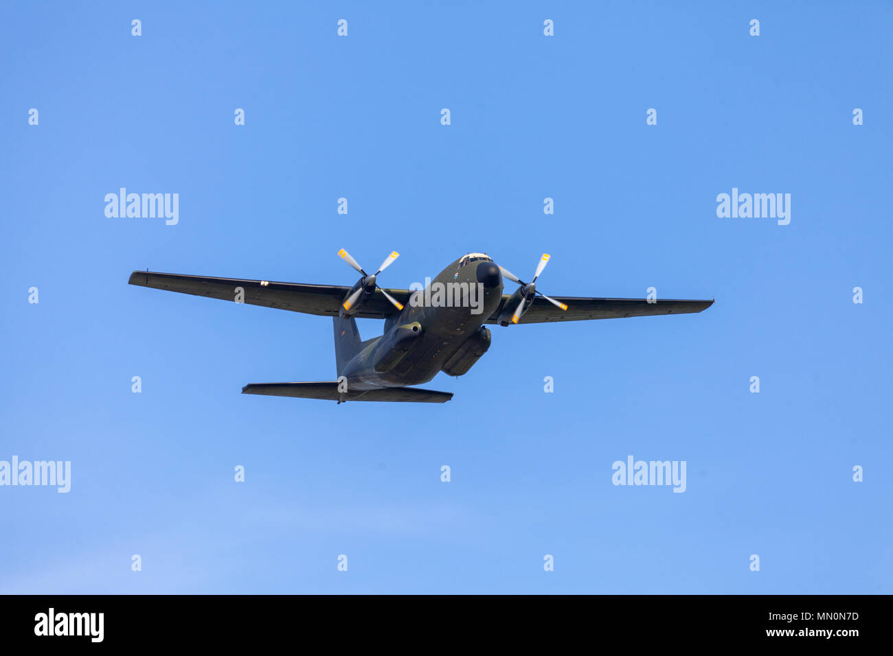 BERLIN / GERMANY - APRIL 28, 2018: German military transport aircraft Transall C-160 flies at airfield Schoenefeld / Berlin. The Transall produced as  Stock Photo