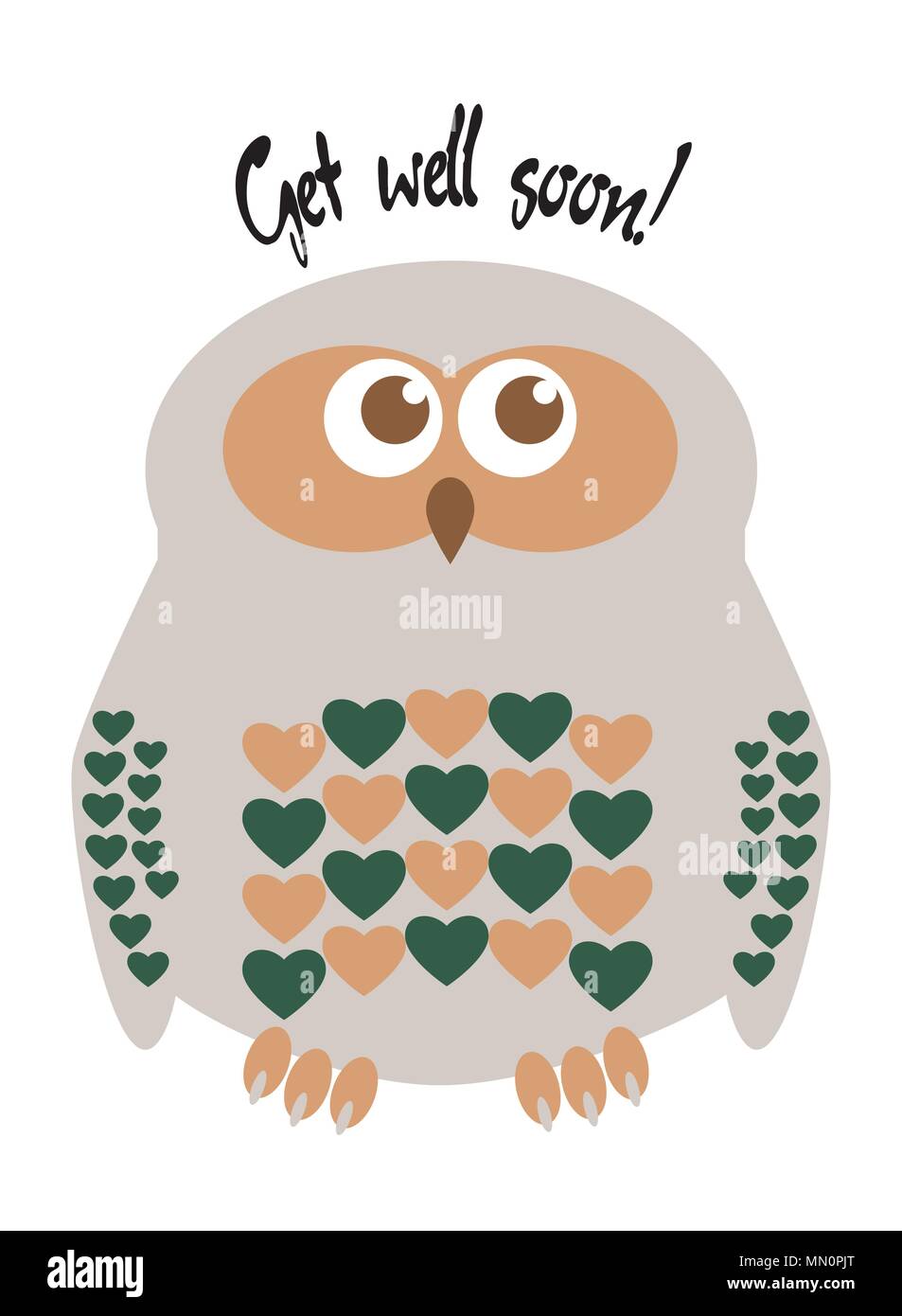 Owl cute character with hearts for feathers greeting card with text  'Get well soon!'. Editable labelled layers. Stock Vector