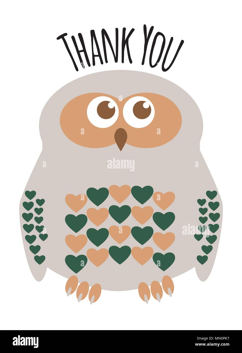 Owl cute character with hearts for feathers greeting card with text  'Thank You'. Editable labelled layers. Stock Vector