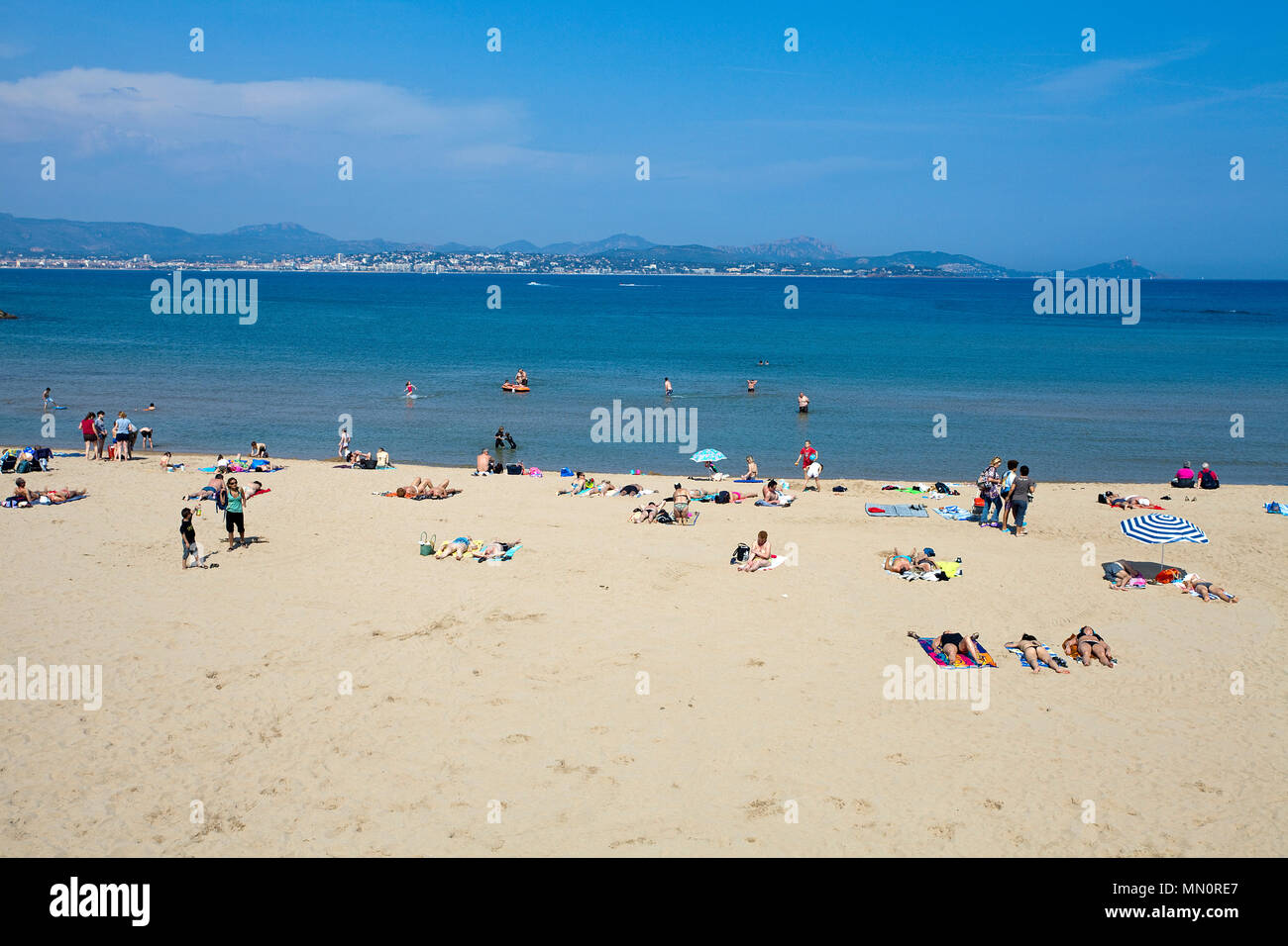 Sandy bathing beach of Saint-Aygulf, Departements Var, Alpes-Maritimes, South France, France, Europe Stock Photo