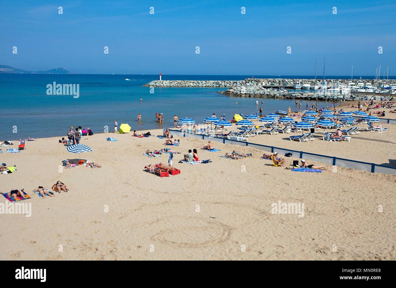 Sandy bathing beach of Saint-Aygulf, Departements Var, Alpes-Maritimes, South France, France, Europe Stock Photo