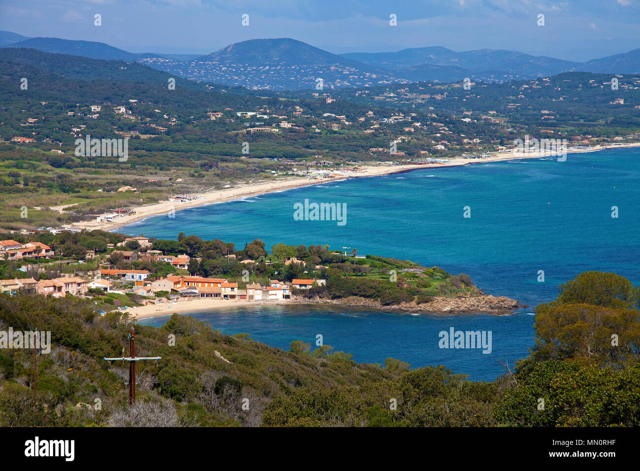 View from Cape Camarat on Gulf of Saint-Tropez, Cote d'Azur, Département Var, Provence-Alpes-Côte d’Azur, South France, France, Europe Stock Photo