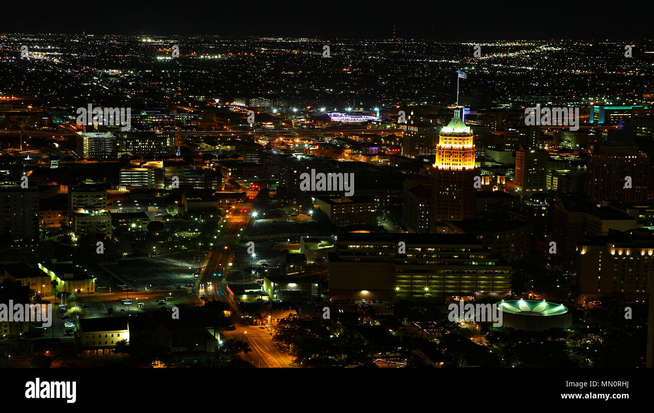 An aerial of San Antonio city center at night Stock Photo