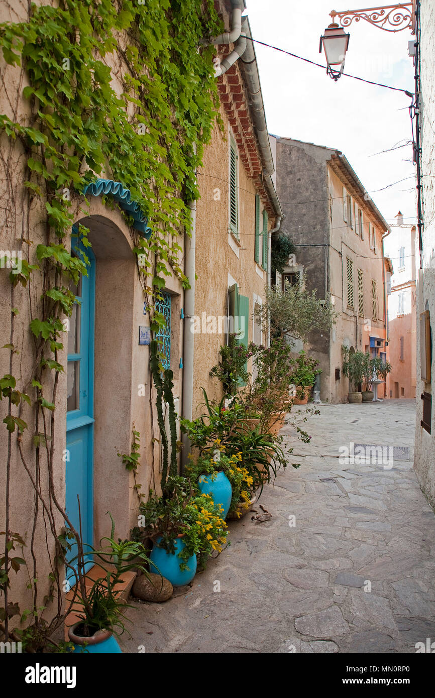 Greened alley at village Ramatuelle, Cote d'Azur, Département Var, Provence-Alpes-Côte d’Azur, South France, France, Europe Stock Photo