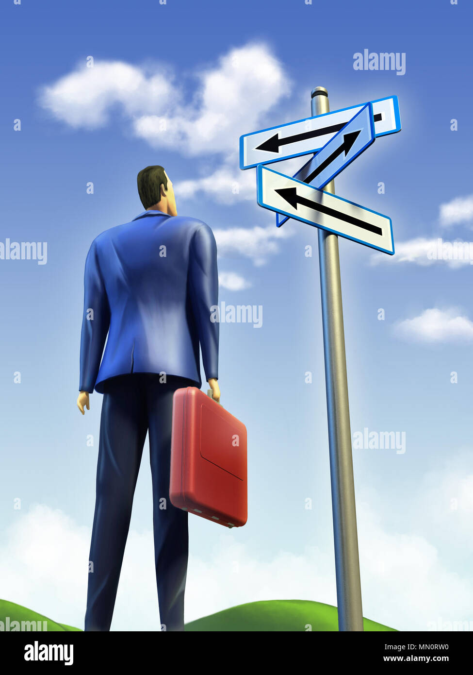 Businessman standing at a crossroad. A signpost points at multiple directions. Digital illustration. Stock Photo