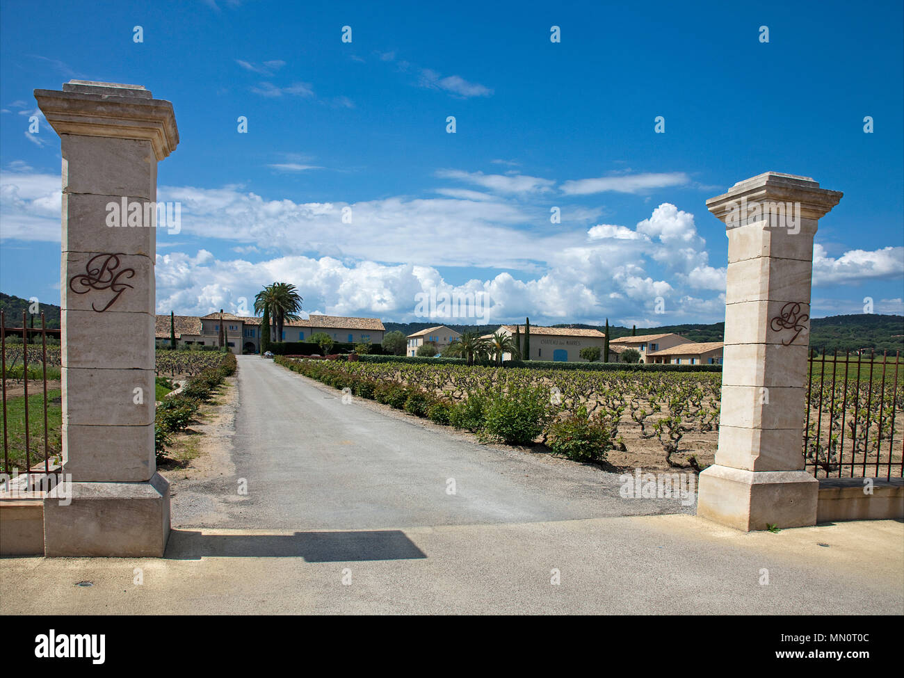 Entrance to vineyard 'Chateau des Marres' at Ramatuelle, Cote d'Azur, Département Var, Provence-Alpes-Côte d’Azur, South France, France, Europe Stock Photo