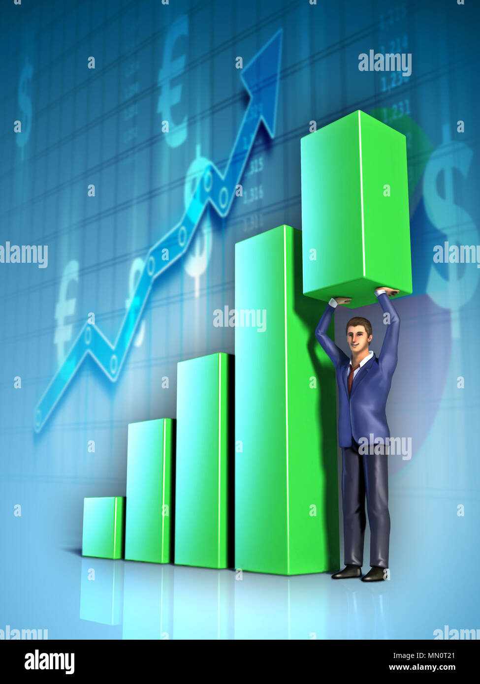 Businessman push with its hands the highest section of a bar graph. Digital illustration. Stock Photo