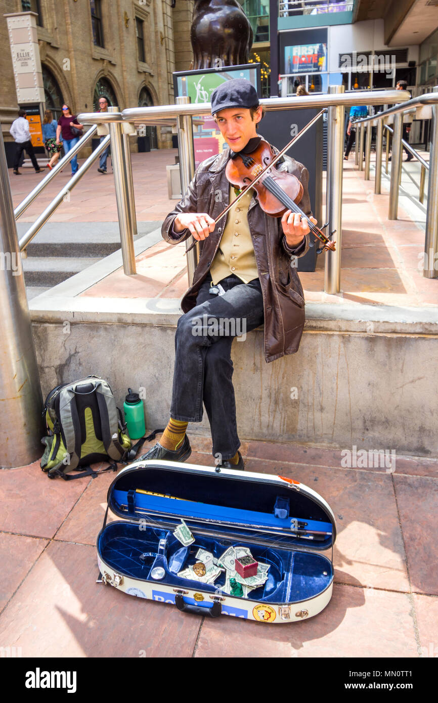Street busker playing violin, Denver, Colorado, USA. Stock Photo