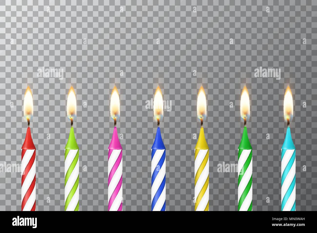 Vector Background With 3d Realistic Different Birthday Party Colofful Wax Paraffin Burning Cake Candle Set Closeup Isolated On Transparency Grid Design Template Clipart For Graphics Stock Vector Image Art Alamy