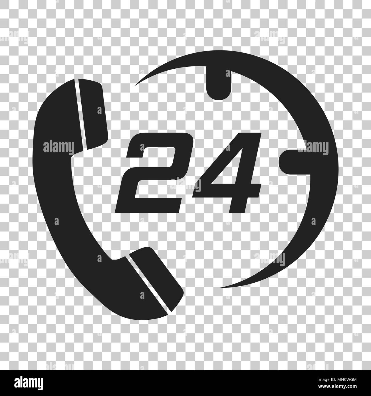 Technical support 24/7 vector icon in flat style. Phone clock help illustration on isolated transparent background. Computer service support concept. Stock Vector