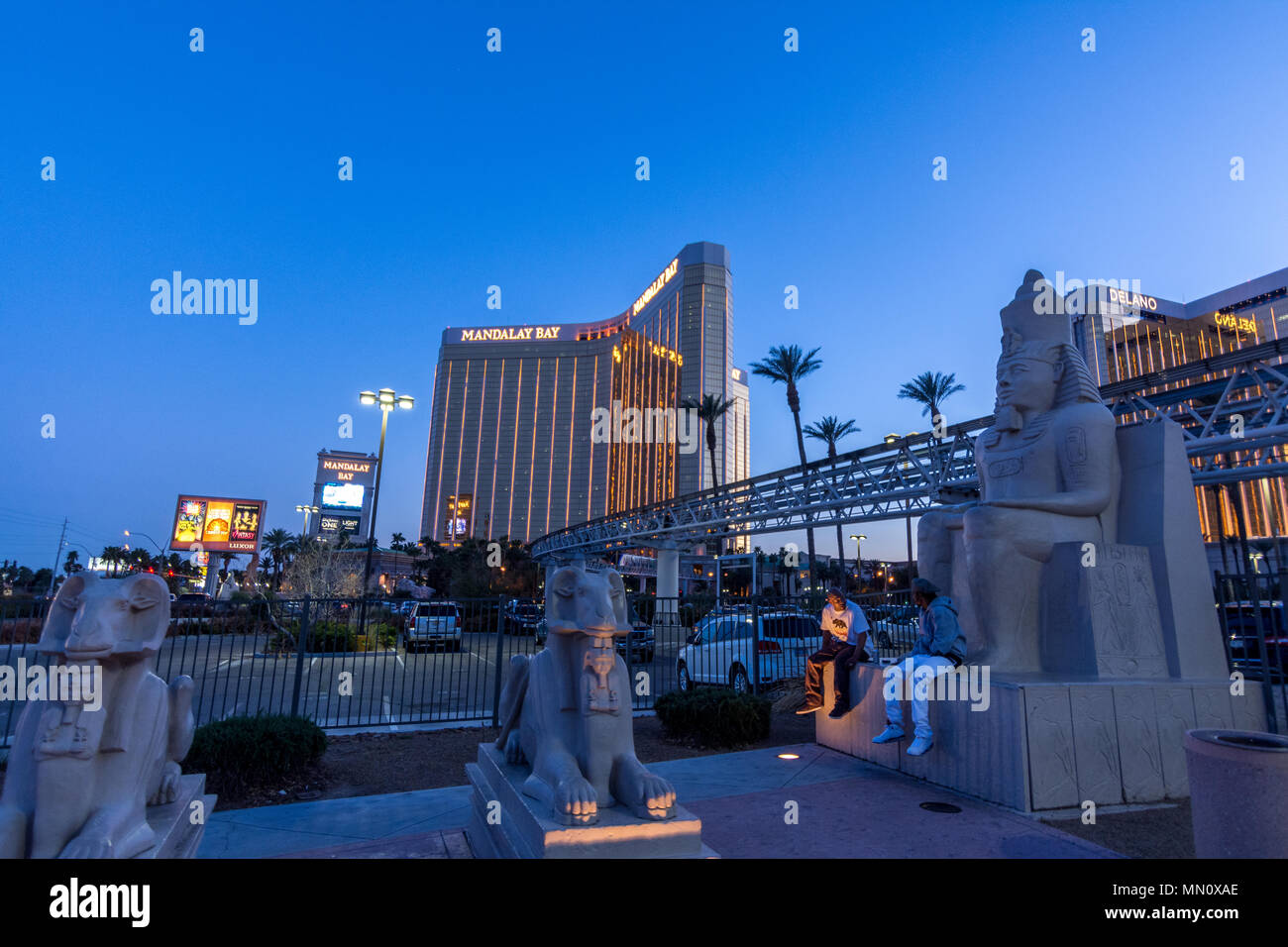 Las Vegas, US - April 28, 2018: The famous Mandalay bay hotel in Las vegas as seen at dusk from the Luxor front Stock Photo