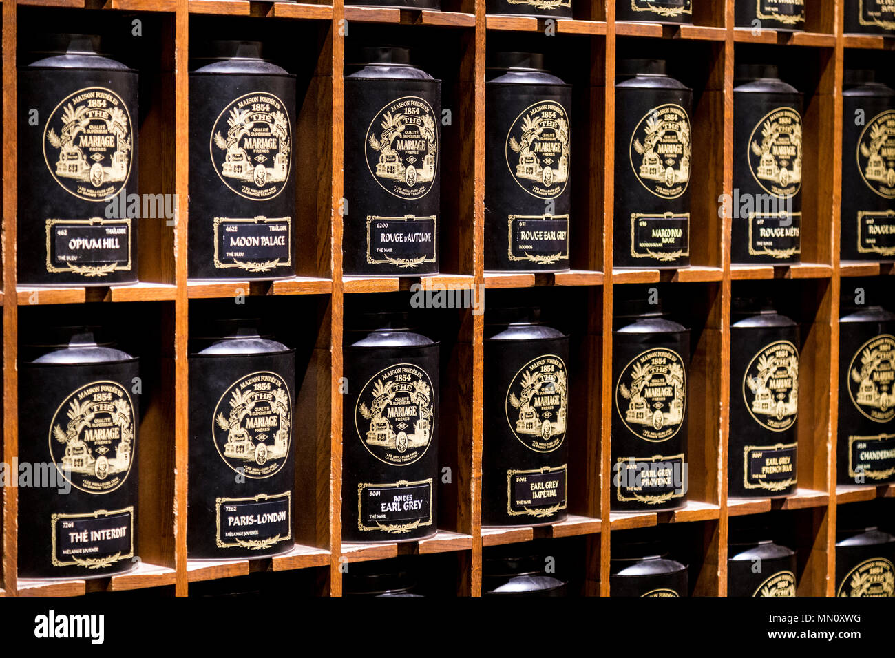 Large tea canisters at French tea shop Mariage Freres inside Selfridges, London, UK Stock Photo