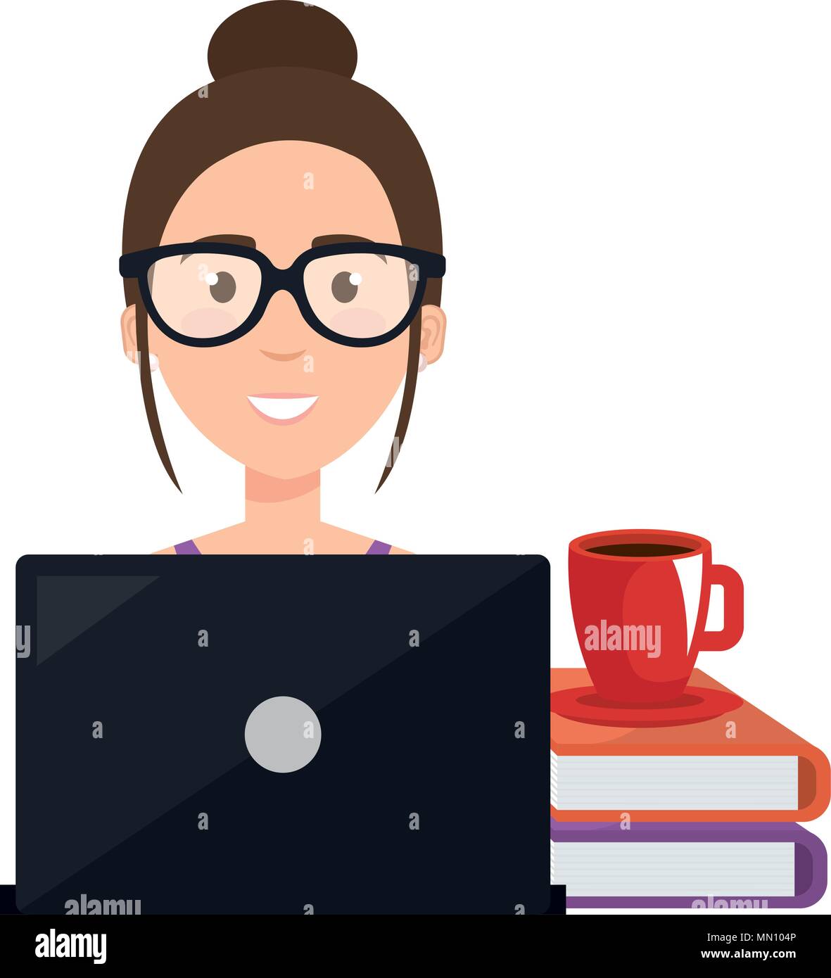 beautiful woman with laptop and books Stock Vector