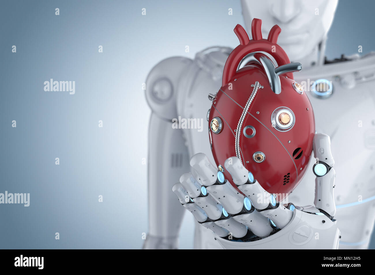 3d rendering robot hand holding red robotic heart on blue background ...
