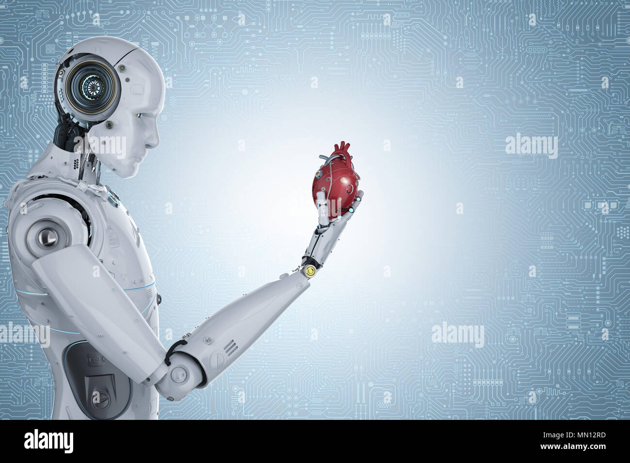 3d rendering robot hand holding red robotic heart on blue background ...