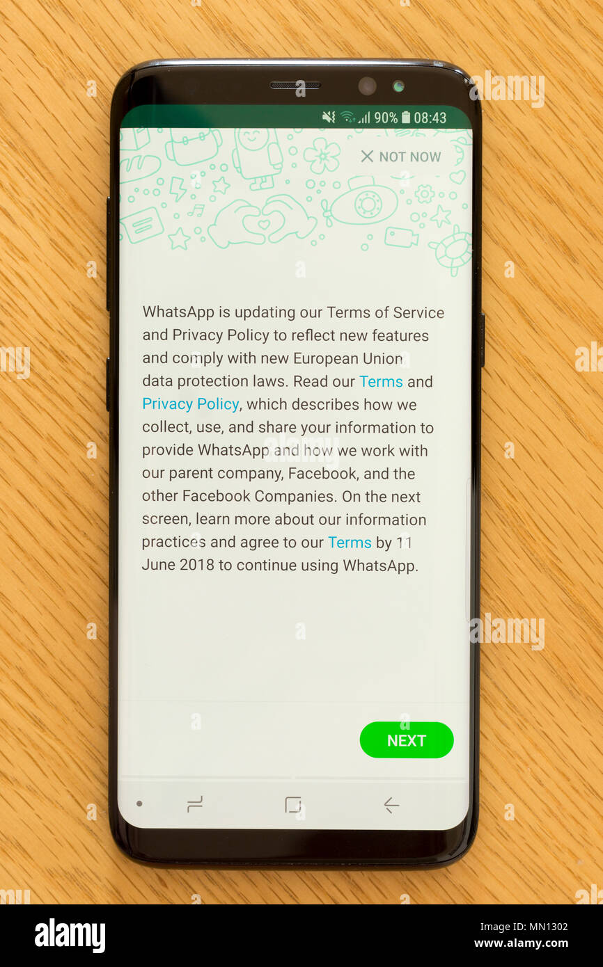 The Terms of Service and Privacy Policy page on the WhatsApp app introduced as a result of the new EU GDPR (General Data Protection Regulation) Stock Photo