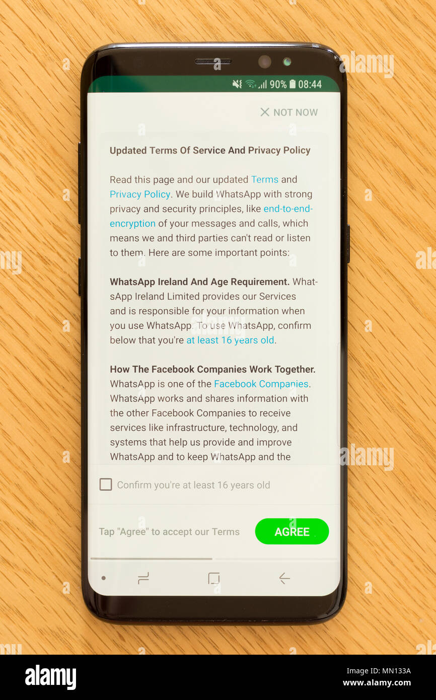 The Terms of Service and Privacy Policy page on the WhatsApp app introduced as a result of the new EU GDPR (General Data Protection Regulation) Stock Photo