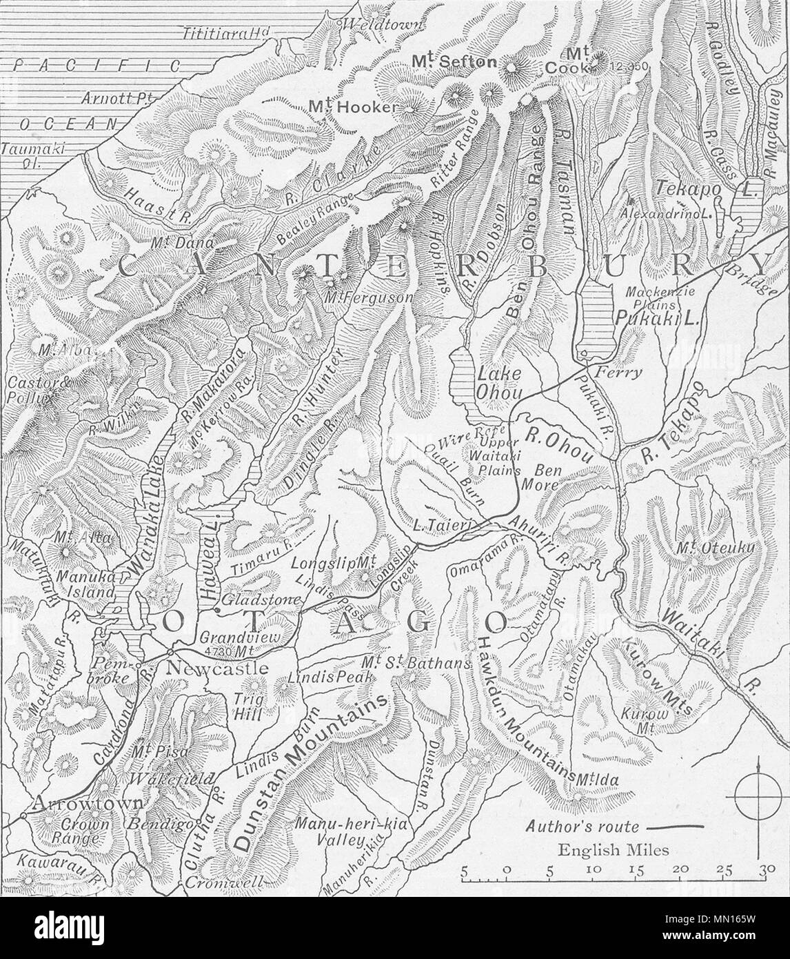 MOUNT COOK. Map. Author's route from Arrow Town 1890 old antique chart