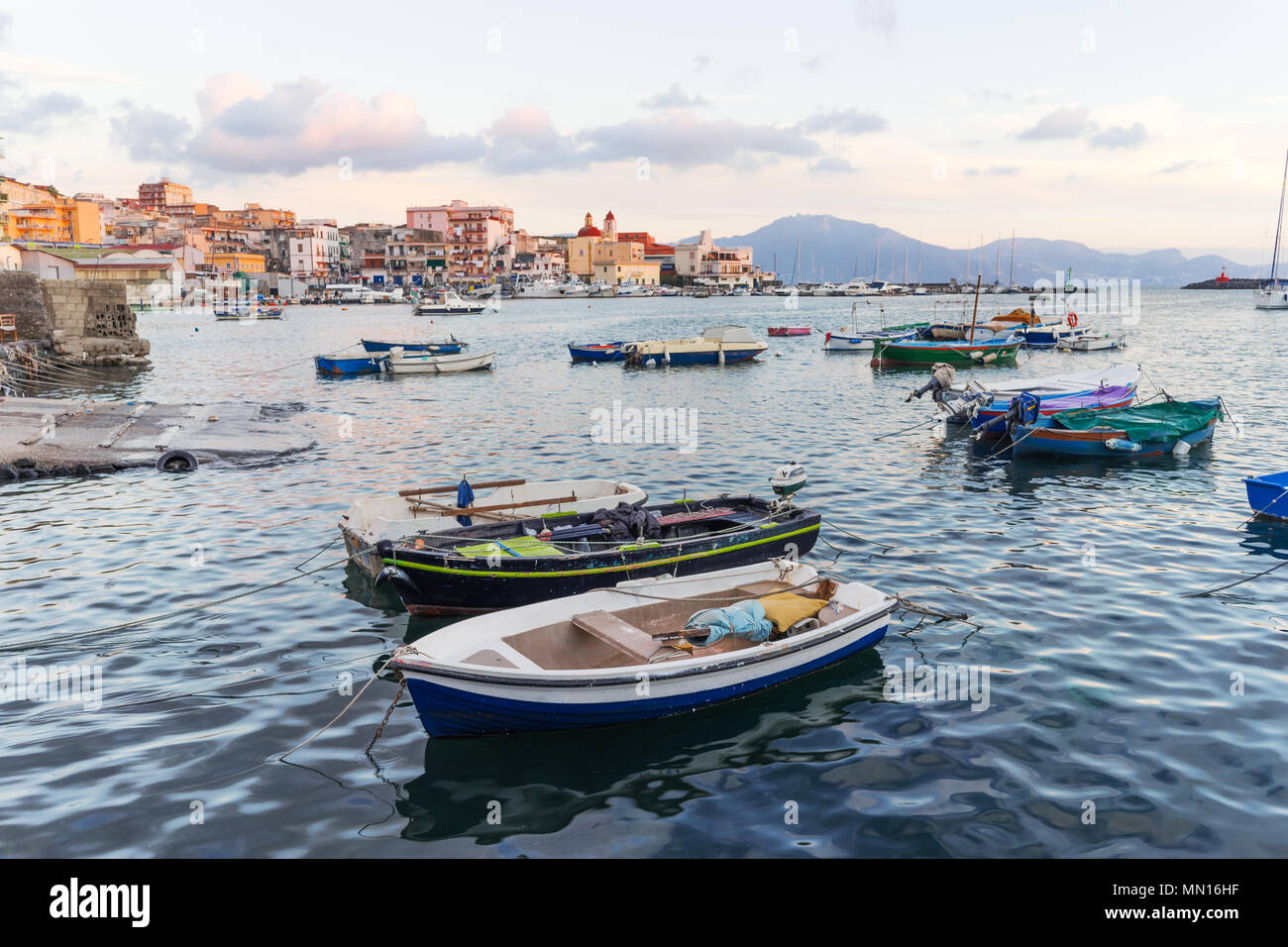 Torre del Greco, Naples, mediterranean Italy - panoramic view from the port of blue sea, boats and city Stock Photo