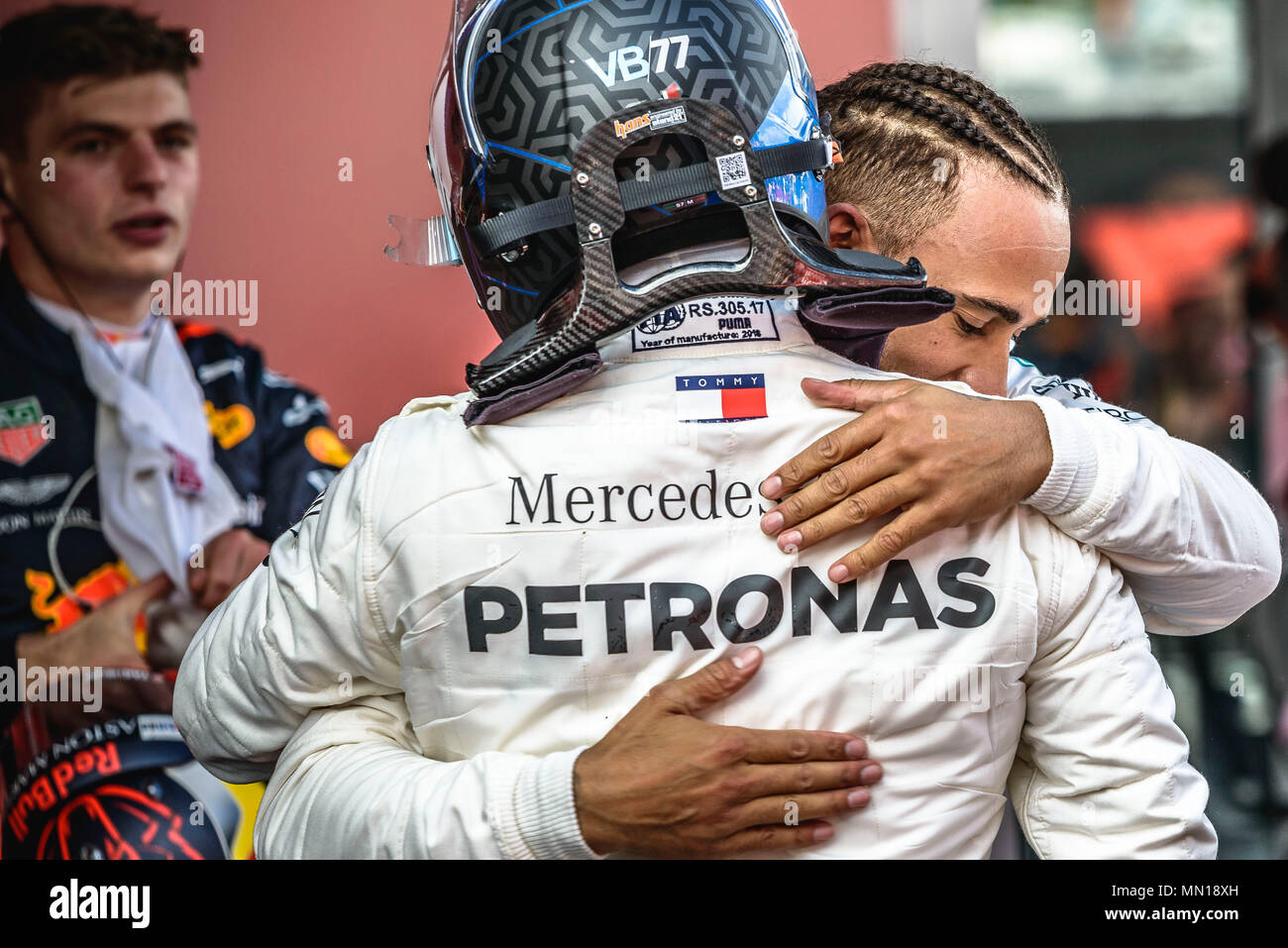 Barcelona, Spain. 13 May, 2018:  LEWIS HAMILTON (GBR) is congratulated by Mercedes team mate VALTTERI BOTTAS (FIN)  after winning the Spanish GP at Circuit de Barcelona - Catalunya Credit: Matthias Oesterle/Alamy Live News Stock Photo