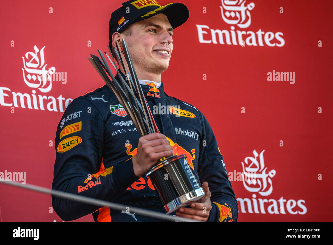 Barcelona, Spain. 13 May, 2018:  MAX VERSTAPPEN (NED), Red Bull Racing, celebrates his 3rd place at the podium  after getting third at the Spanish GP at Circuit de Barcelona - Catalunya Credit: Matthias Oesterle/Alamy Live News Stock Photo