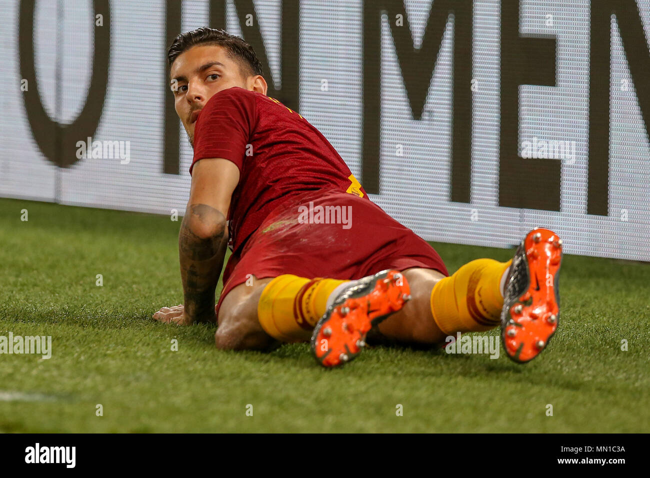 Stadio Olimpico, Rome, Italy. 13th May, 2018. Serie A Football, Roma versus Juventus; Lorenzo Pellegrini of Roma looks back to see who clipped him as he lies on the field Credit: Action Plus Sports/Alamy Live News Stock Photo