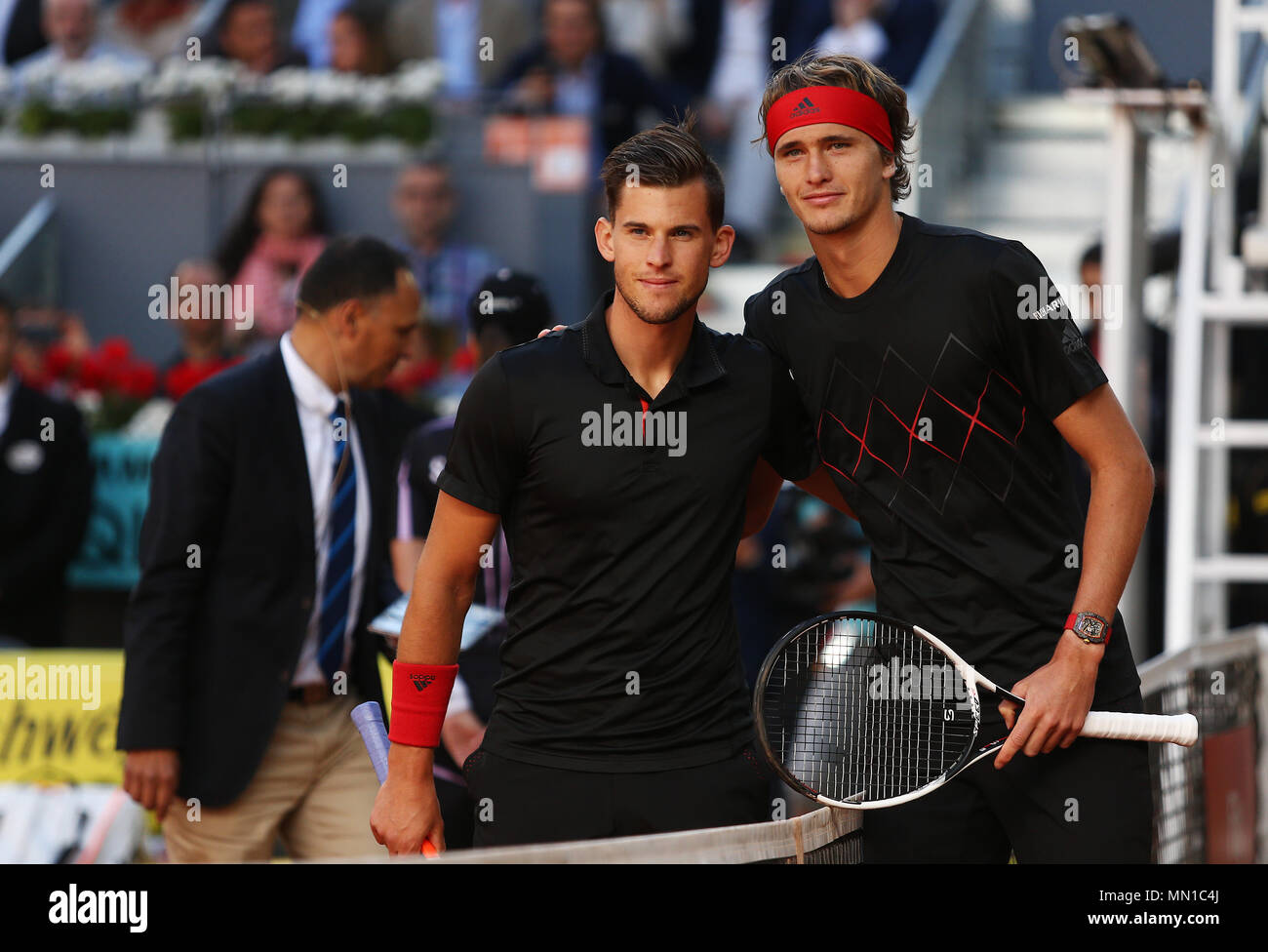Madrid, Madrid, Spain. 13th May, 2018. Alexander Zverev of Germany and  Dominic Thiem of Austria during day nine of the Mutua Madrid Open at La  Caja Magica. Credit: Manu Reino/SOPA Images/ZUMA Wire/Alamy