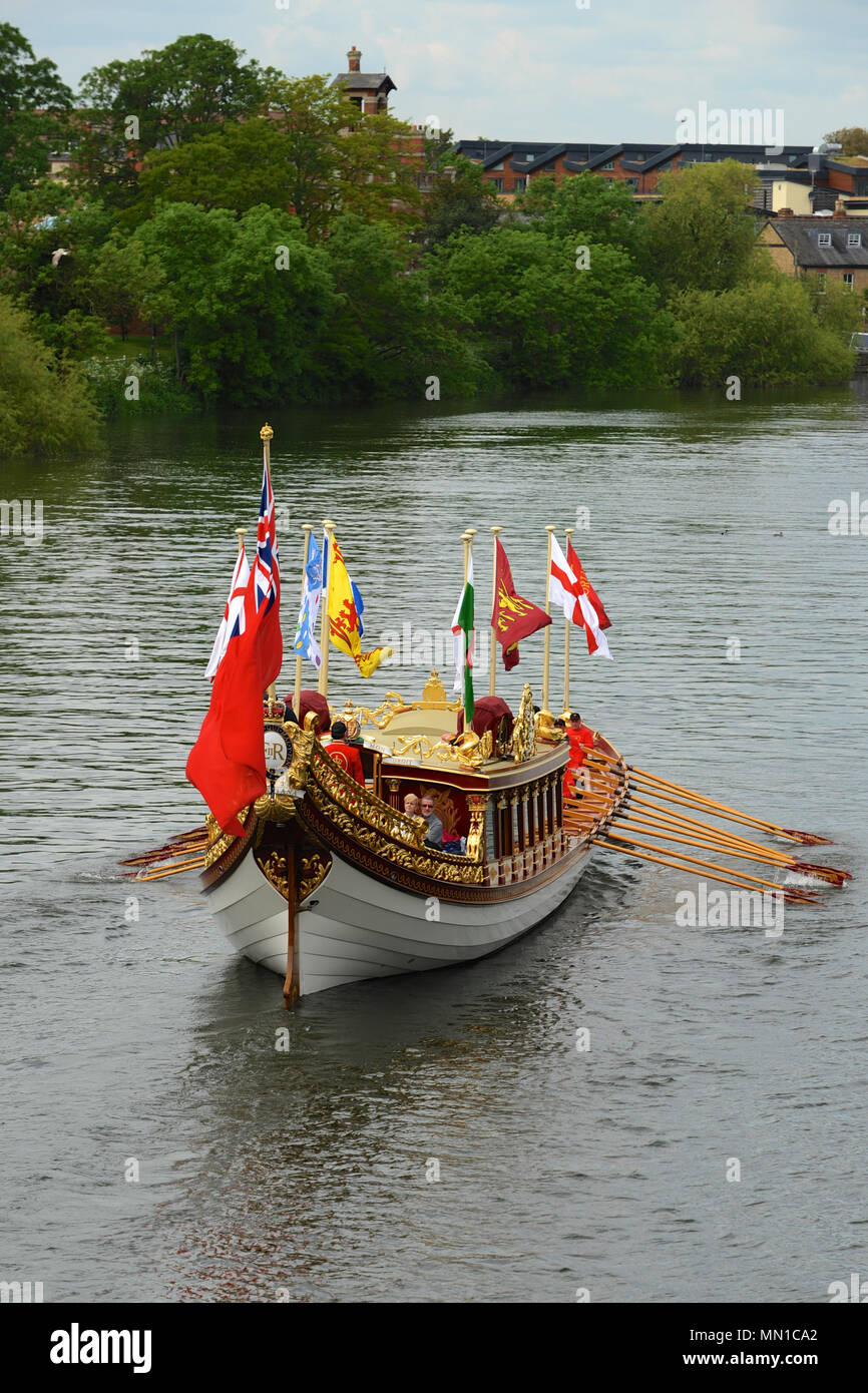 London, UK. 13th May, 2018. The Queen’s barge, 'Gloriana', on the