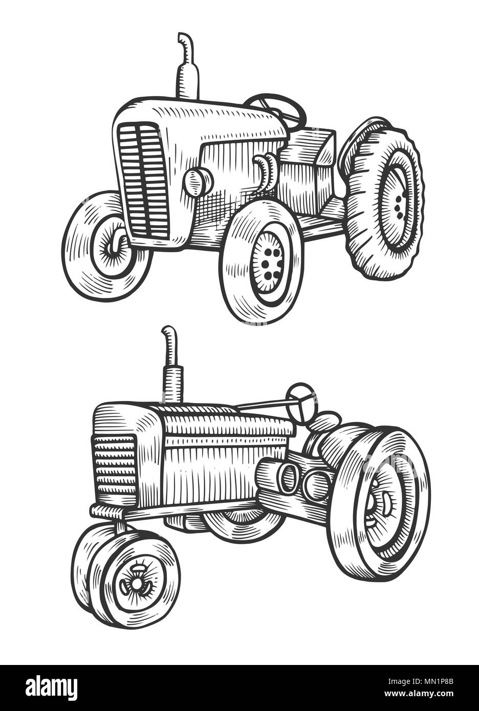 Wheeled tractor in vintage engraved style. Vector hand drawn ...