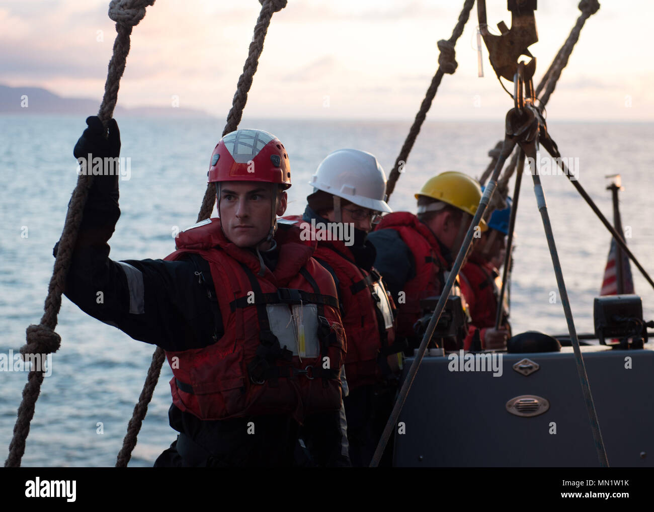 170808-N-MU198-397 ATLANTIC OCEAN (Aug. 8 2017) Sailors man a rigid ...
