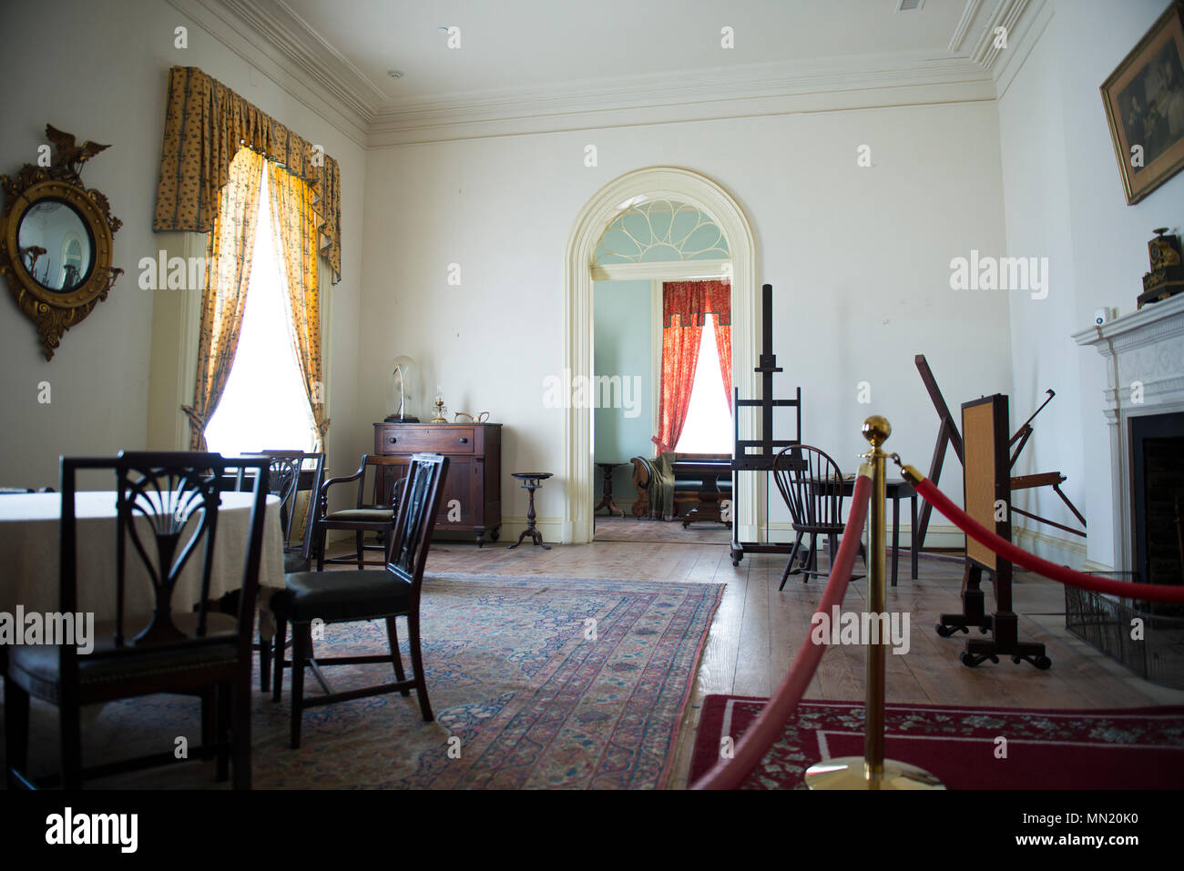 The Morning Room at Arlington House in Arlington National Cemetery, Arlington, Va., July 27, 2017.  In July of 2015, philanthropist David M. Rubinstein announced a $12.35 million donation to the National Park Foundation’s Centennial Campaign for America’s National Parks to restore and improve access to Arlington House.  This work is scheduled to begin in late August 2017, limiting access to visitors.  (U.S. Army photo by Elizabeth Fraser / Arlington National Cemetery / released) Stock Photo