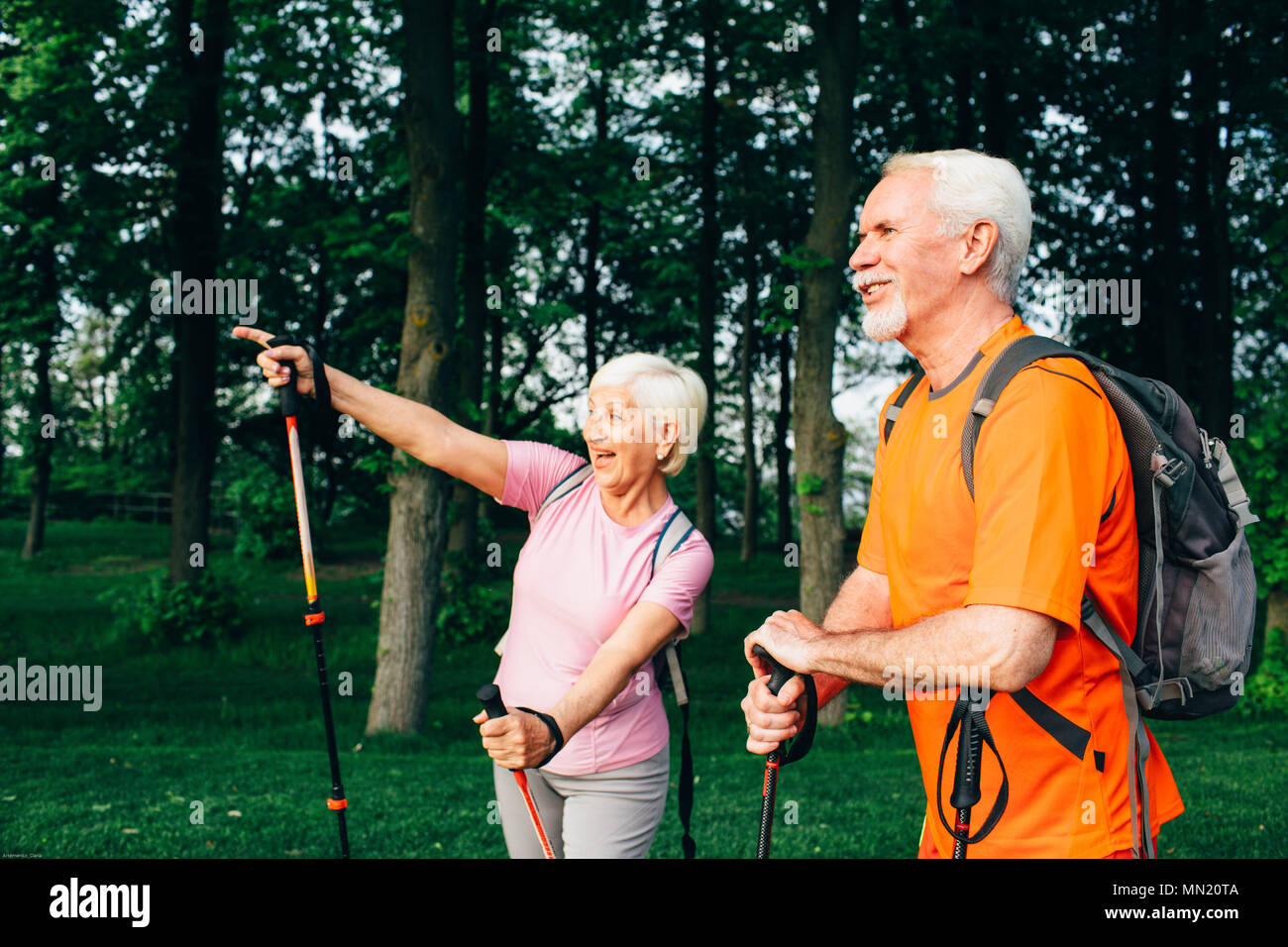 Senior couple exercising,walking through forest. Active rest, elderly man and woman, hiking Stock Photo