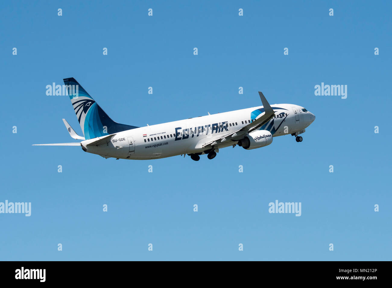 Boeing 737-800, two engine short- to medium-range, narrow-body jet airliner  from EgyptAir, Egyptian airline in flight against blue sky Stock Photo -  Alamy