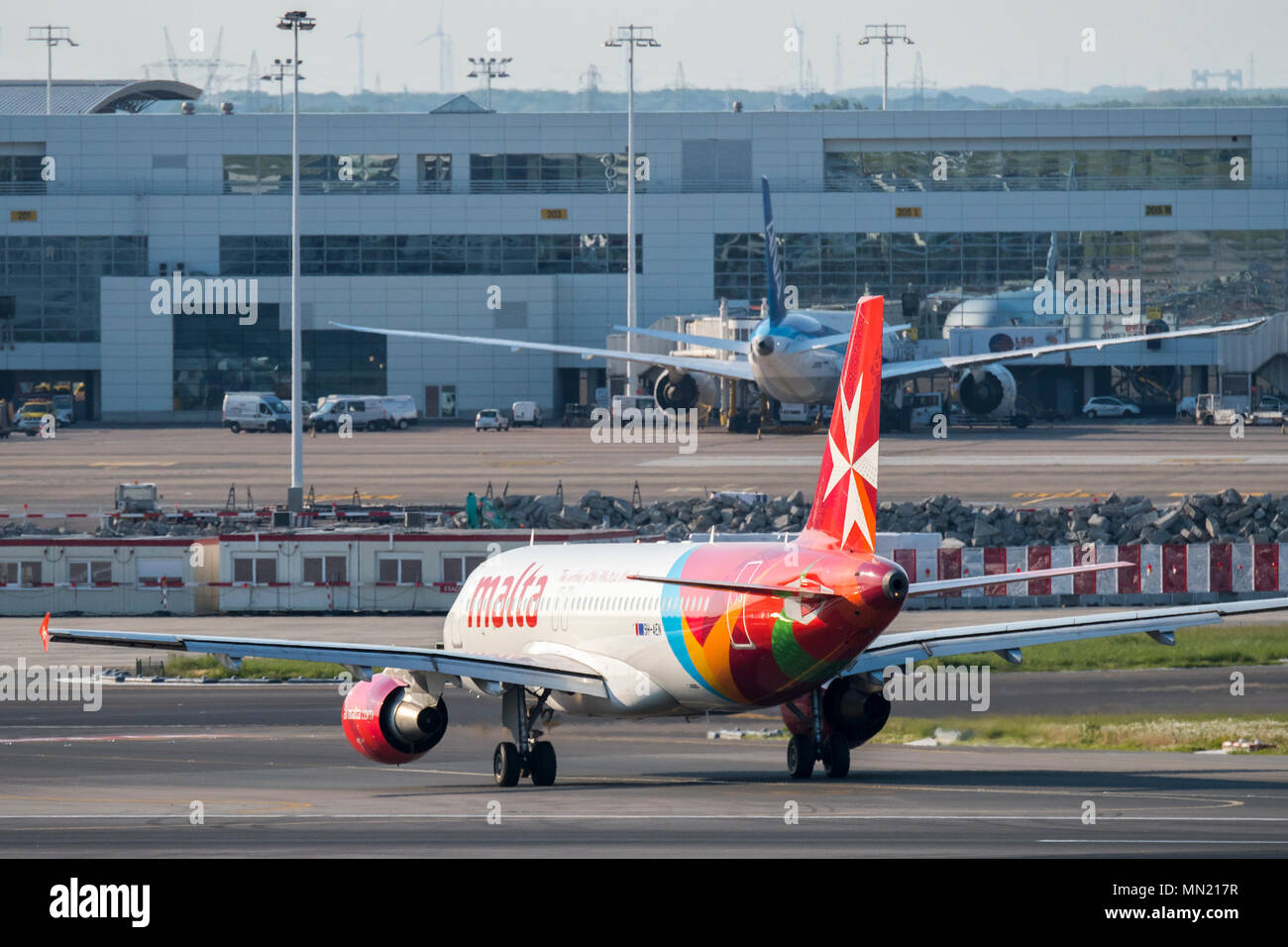 Airbus A320-214, narrow-body, commercial passenger twin-engine jet airliner from Air Malta at Brussels Airport, Zaventem, Belgium Stock Photo
