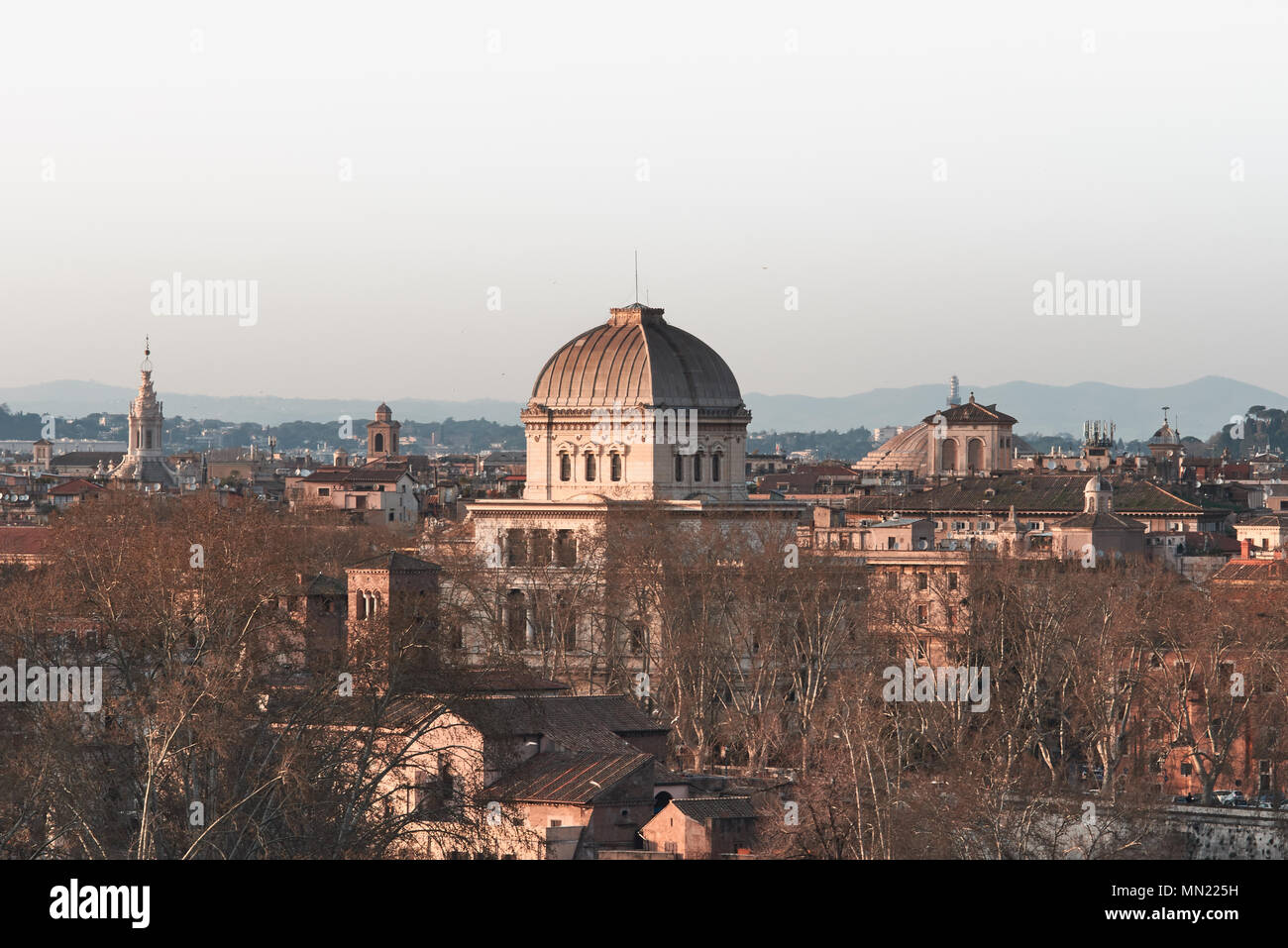 View of Rome roofs: jewish synagogue, Spire of Saint Ivo alla Sapienza, Towerbell of Saint Augustine Church. Stock Photo