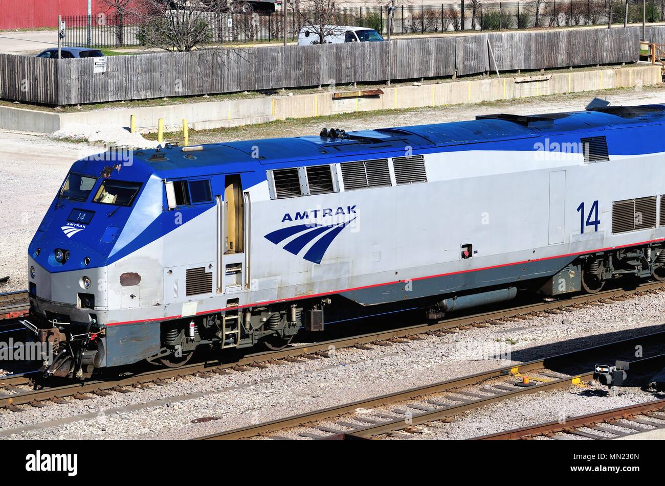 Chicago, Illinois, USA. An Amtrak General Electric P42DC locomotive at a facility just south of the Loop in Chicago. Stock Photo