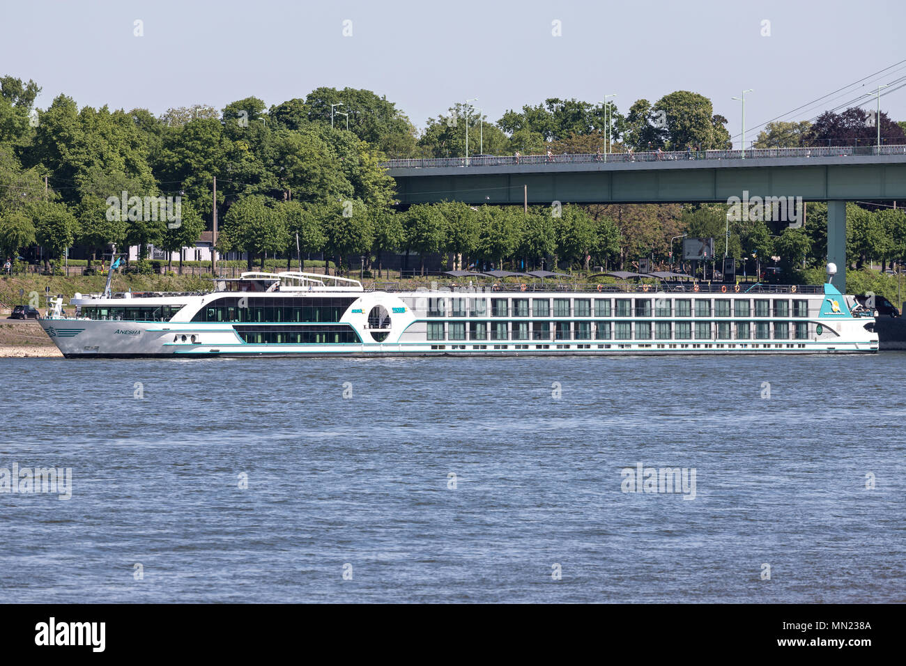 Rver cruise ship ANESHA of Phoenix Reisen in Cologne, Germany. ANESHA has a capacity of 180 passengers and is 135 m long. Stock Photo