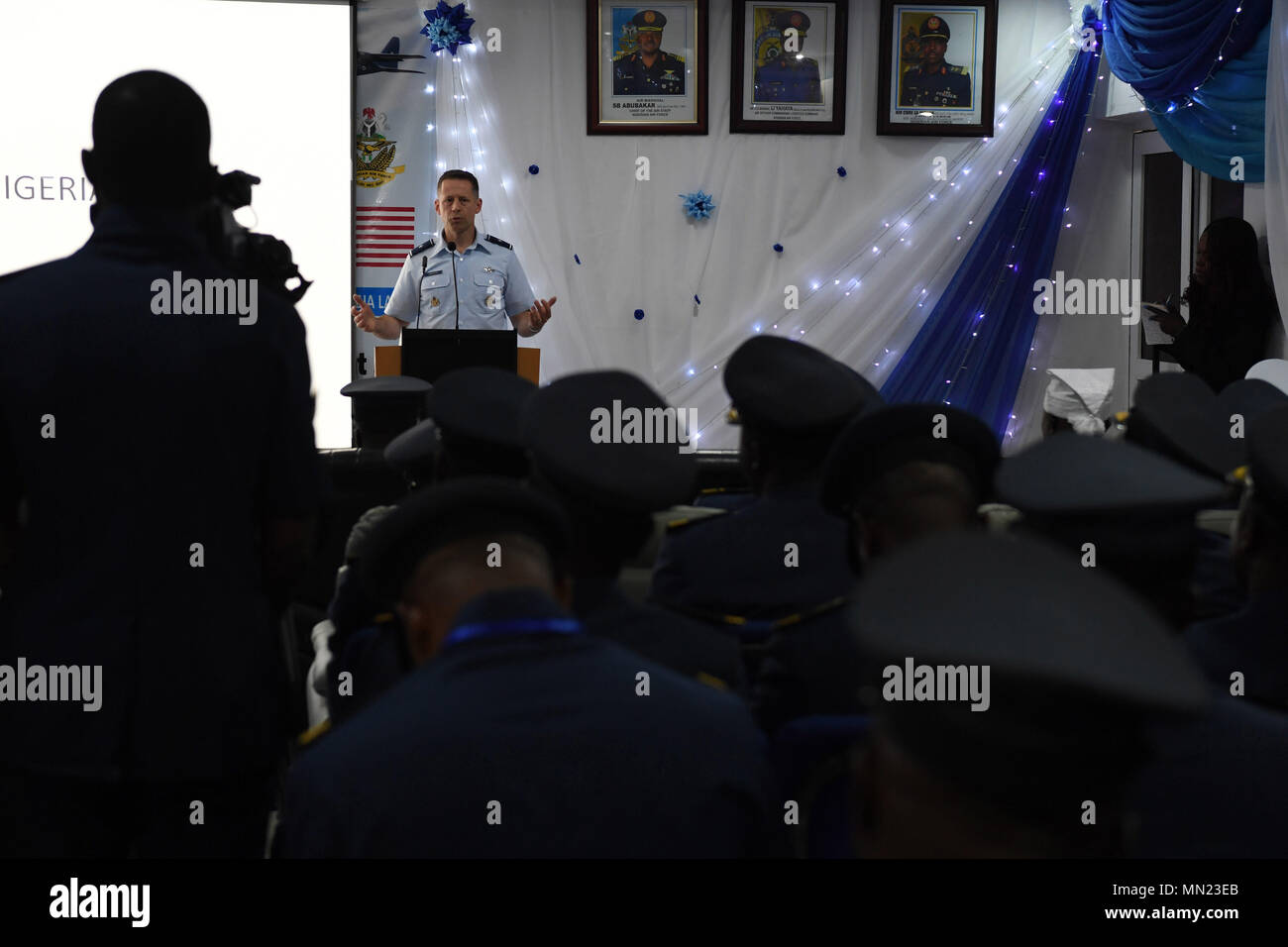 U.S. Air Force Brig. Gen. Dieter E. Bareihs, U.S. Air Forces Europe - Air Forces Africa Plans, Programs, and Analyses director, gives a keynote speech at the African Partnership Flight Nigeria opening ceremony, Ikeja Air Base, Lagos, Nigeria, Aug. 14, 2017. Approximately 60 personnel from Nigeria, Niger, Chad, and Benin air forces partnered for the week-long workshop to strengthen regional air partnerships in a collaborative learning environment that synergizes the expertise of the United States and African partner nations. (U.S. Air Force Staff Sgt. Rachelle Coleman) Stock Photo