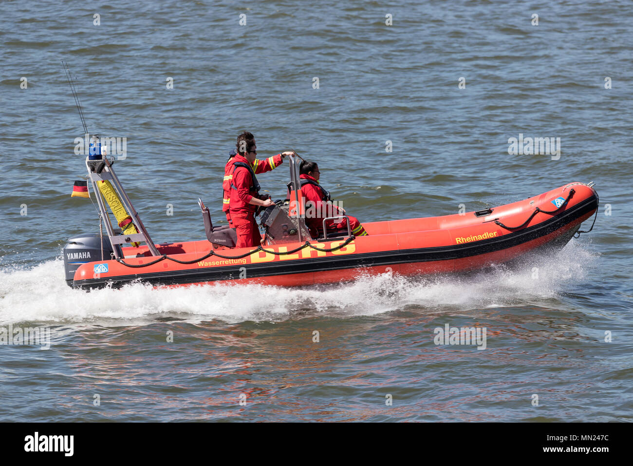 Speedboat RHEINADLER of the DLRG on the river Rhine. The DLRG is the largest voluntary lifesaving organization in the world. Stock Photo